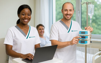 Zwei Pflegekräfte der Asklepios Klinik betreuen einen Patienten im Krankenhauszimmer, mit Laptop und Infusionsgerät.
