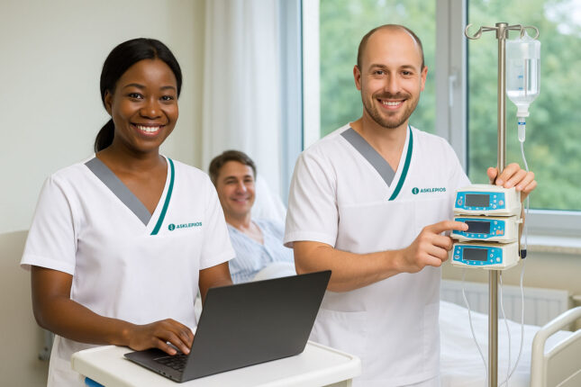 Zwei Pflegekräfte der Asklepios Klinik betreuen einen Patienten im Krankenhauszimmer, mit Laptop und Infusionsgerät.