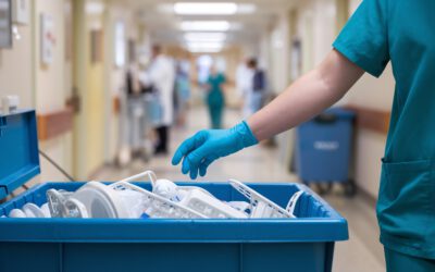 Pflegekraft entsorgt medizinische Einwegmaterialien in Klinikflur – Hygiene und sichere Abfallentsorgung im Krankenhausalltag