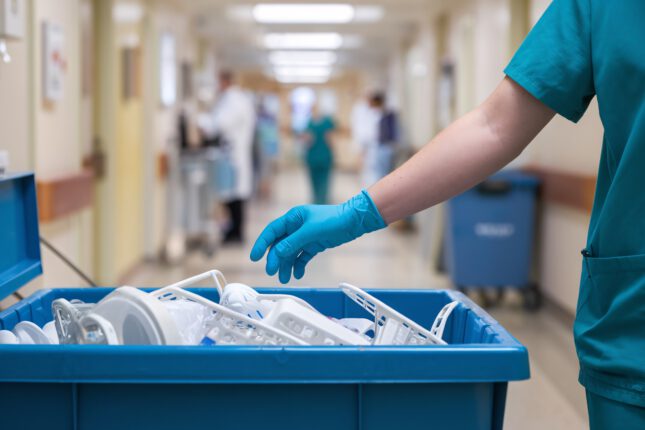 Pflegekraft entsorgt medizinische Einwegmaterialien in Klinikflur – Hygiene und sichere Abfallentsorgung im Krankenhausalltag