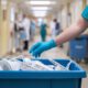 Pflegekraft entsorgt medizinische Einwegmaterialien in Klinikflur – Hygiene und sichere Abfallentsorgung im Krankenhausalltag